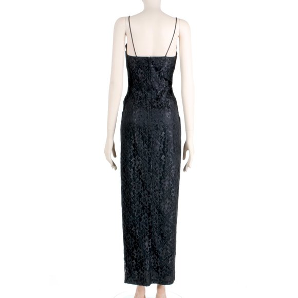 7/8 Vintage 00s LA GLO Black Lace Slinky Leg Slit Cocktail Maxi Dress 90s Y2K - Picture 4 of 8